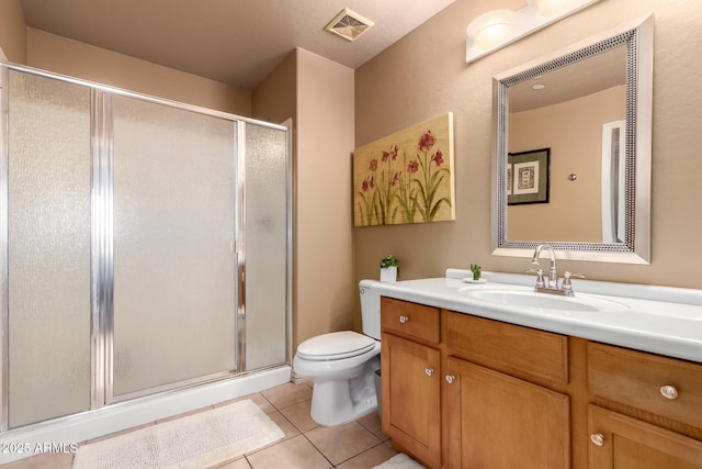 full bathroom with tile patterned floors, toilet, visible vents, and a stall shower