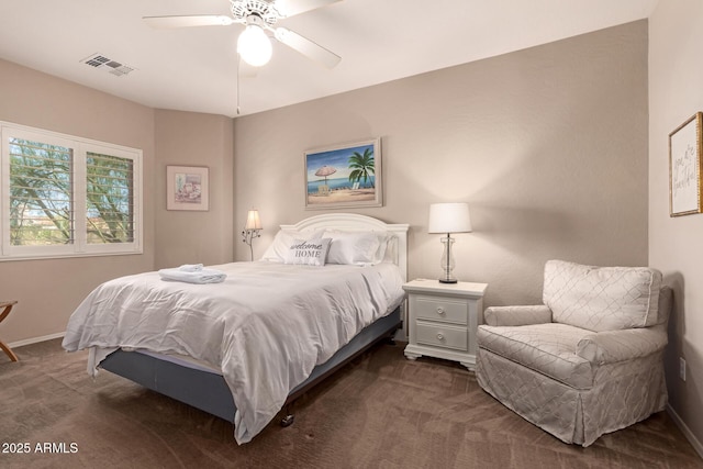 bedroom with visible vents, baseboards, ceiling fan, and dark carpet