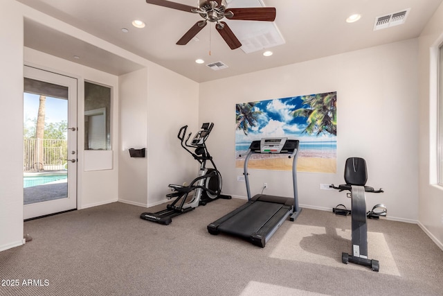 workout area with recessed lighting, visible vents, baseboards, and ceiling fan