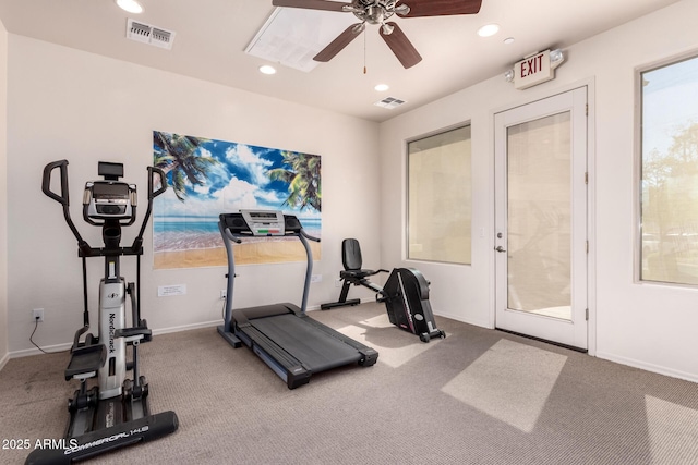 workout area with recessed lighting, visible vents, and ceiling fan