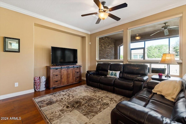 856 E Harmony Way, San Tan Valley, AZ 85140 - living area with ceiling fan, baseboards, ornamental molding, and wood finished floors