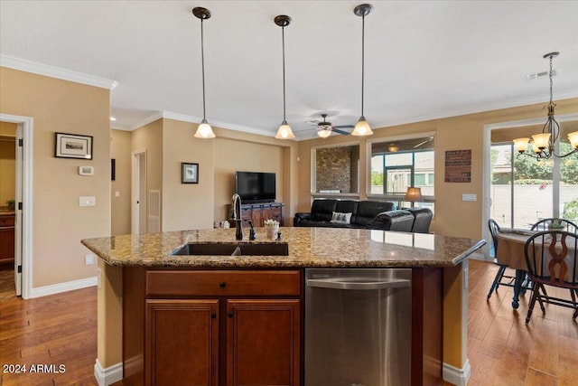 856 E Harmony Way, San Tan Valley, AZ 85140 - kitchen featuring stainless steel dishwasher, a sink, hardwood / wood-style flooring, a ceiling fan, and ornamental molding