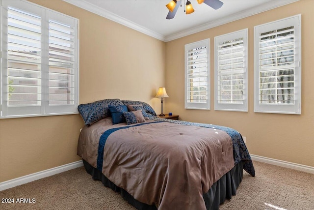 856 E Harmony Way, San Tan Valley, AZ 85140 - bedroom with carpet, baseboards, ornamental molding, and a ceiling fan