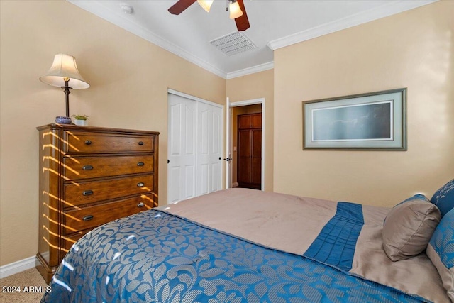 856 E Harmony Way, San Tan Valley, AZ 85140 - bedroom featuring a closet, carpet flooring, ornamental molding, a ceiling fan, and baseboards