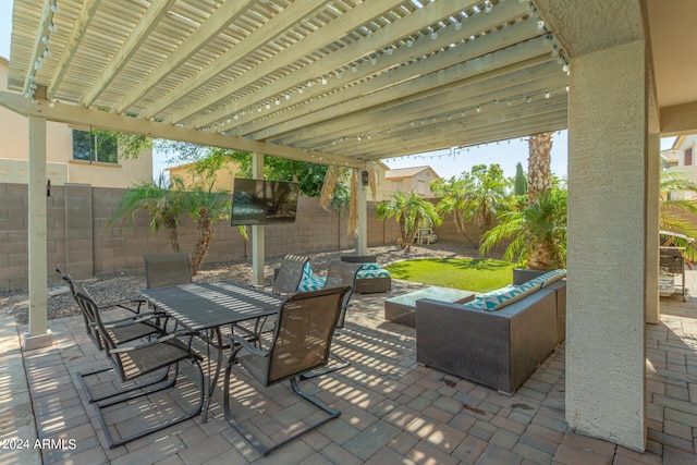 view of patio / terrace with outdoor dining space, outdoor lounge area, a fenced backyard, and a pergola