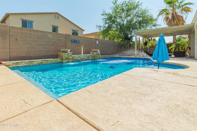 view of swimming pool featuring a fenced backyard, a pergola, a fenced in pool, and a patio