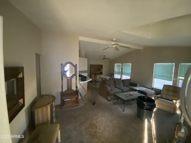 carpeted living room featuring ceiling fan and vaulted ceiling with beams