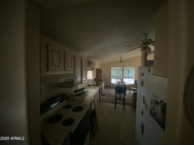 kitchen with range with electric cooktop, lofted ceiling, ceiling fan, carpet floors, and hanging light fixtures