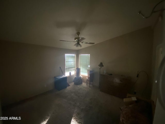 interior space featuring ceiling fan and lofted ceiling