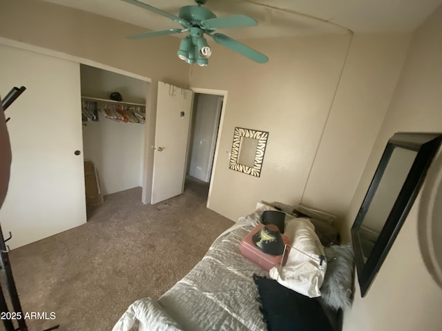 bedroom featuring a closet, carpet floors, and ceiling fan