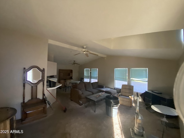 living room with lofted ceiling and ceiling fan