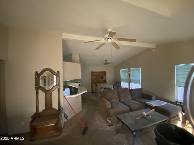 living room with ceiling fan, dark carpet, and vaulted ceiling with beams