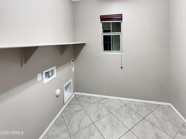 laundry area featuring hookup for a washing machine, hookup for an electric dryer, tile patterned flooring, laundry area, and baseboards