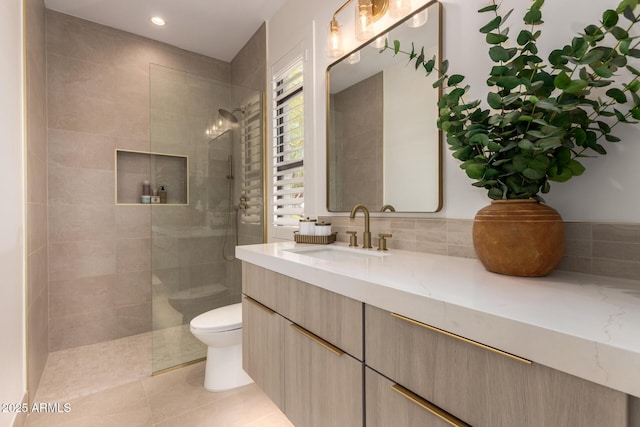 22756 N 91st Way, Scottsdale, AZ 85255 - full bathroom with toilet, a walk in shower, vanity, tasteful backsplash, and tile patterned flooring