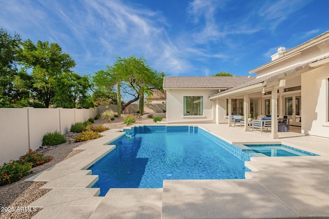 22756 N 91st Way, Scottsdale, AZ 85255 - view of pool with a fenced backyard, french doors, outdoor lounge area, a patio area, and a pool with connected hot tub