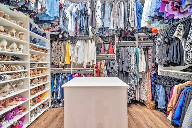 walk in closet with light hardwood / wood-style floors