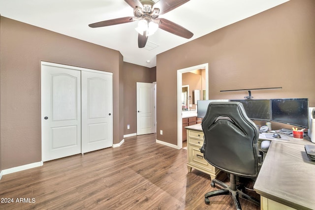 home office featuring ceiling fan and hardwood / wood-style floors