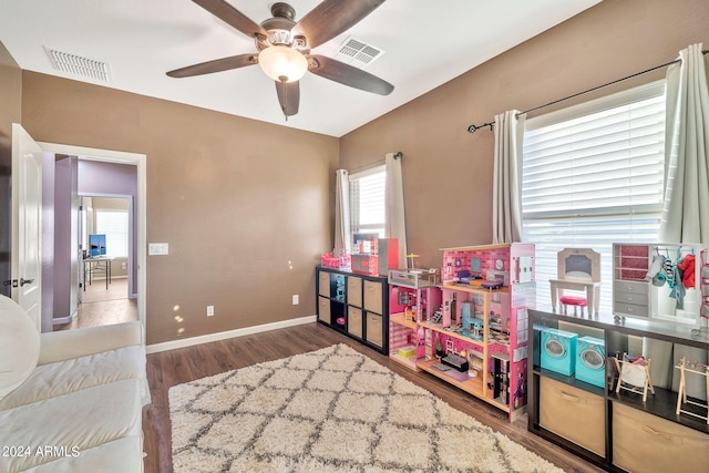 rec room featuring hardwood / wood-style flooring and ceiling fan