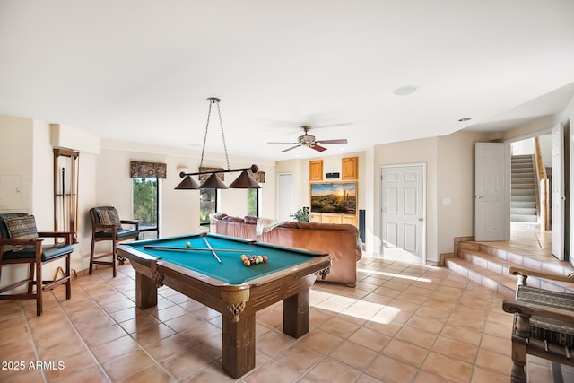 playroom featuring light tile patterned flooring, ceiling fan, and billiards