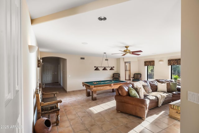 recreation room with light tile patterned floors, ceiling fan, and billiards