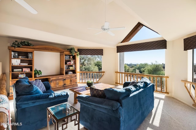 living room with lofted ceiling and carpet