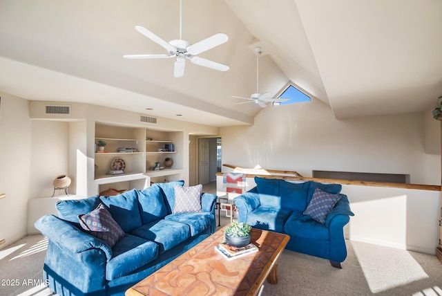 carpeted living room featuring lofted ceiling, built in features, and ceiling fan