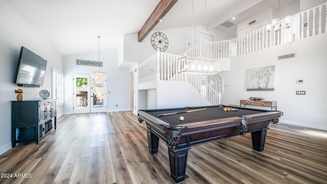 recreation room with high vaulted ceiling, pool table, hardwood / wood-style floors, beam ceiling, and a notable chandelier