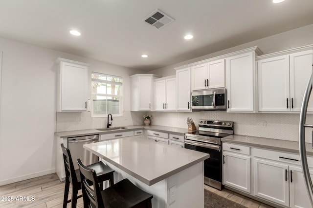 5460 S Dillon Cir, Mesa, AZ 85212 - kitchen with appliances with stainless steel finishes, a sink, white cabinets, backsplash, and light wood-style flooring