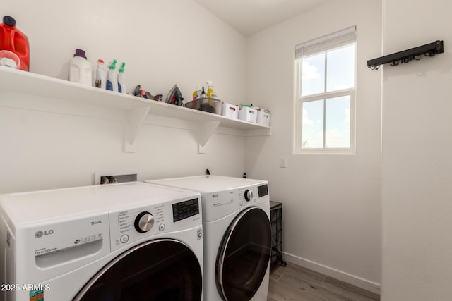 5460 S Dillon Cir, Mesa, AZ 85212 - laundry room featuring washing machine and dryer, light wood-style flooring, and baseboards
