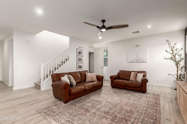 5460 S Dillon Cir, Mesa, AZ 85212 - living area with stairway, light wood-style floors, a ceiling fan, recessed lighting, and baseboards