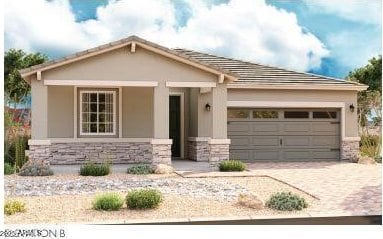 21348 N Belt Dr, Maricopa, AZ 85138 - view of front of property with stone siding, an attached garage, and driveway
