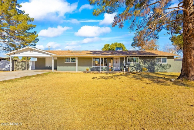 ranch-style house with stucco siding, driveway, a carport, and a front lawn