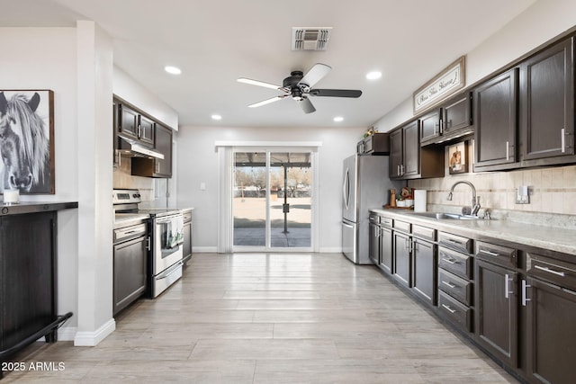 kitchen with visible vents, under cabinet range hood, a sink, backsplash, and stainless steel appliances