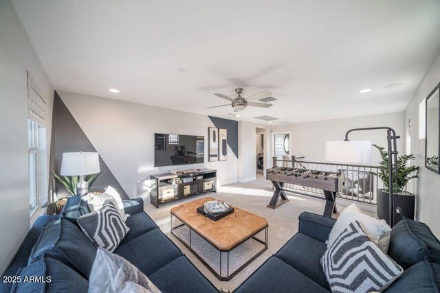 12233 W Caraveo Pl, Peoria, AZ 85383 - living room featuring carpet floors, a ceiling fan, and recessed lighting