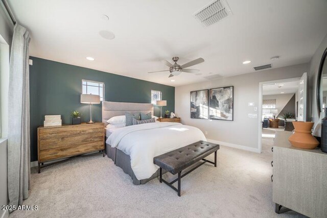 12233 W Caraveo Pl, Peoria, AZ 85383 - bedroom featuring light colored carpet, recessed lighting, a ceiling fan, and baseboards