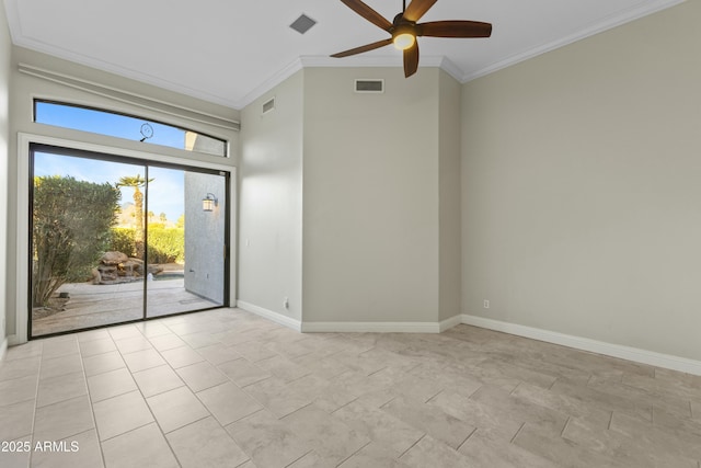 unfurnished room with ceiling fan and ornamental molding