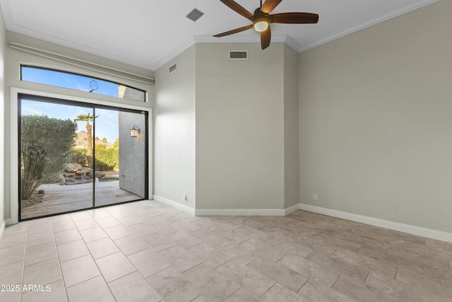 empty room with crown molding and ceiling fan