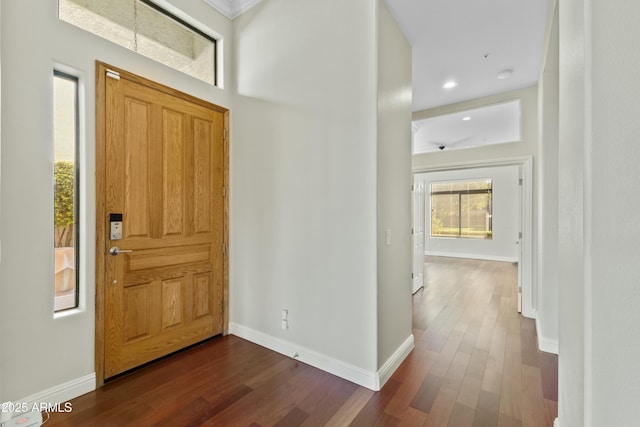 entryway with dark hardwood / wood-style flooring