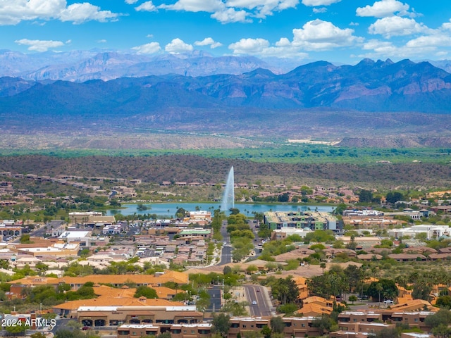 bird's eye view featuring a water and mountain view