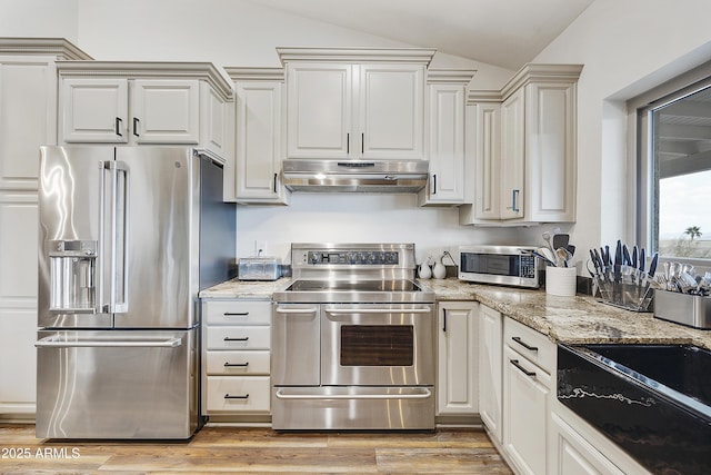 15857 E Ponderosa Dr, Fountain Hills, AZ 85268 - kitchen with stainless steel appliances, under cabinet range hood, vaulted ceiling, light stone countertops, and light wood finished floors