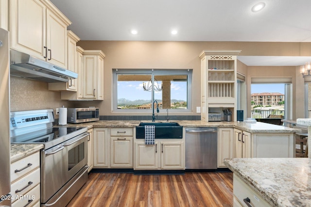 kitchen featuring pendant lighting, dark hardwood / wood-style flooring, appliances with stainless steel finishes, and an inviting chandelier