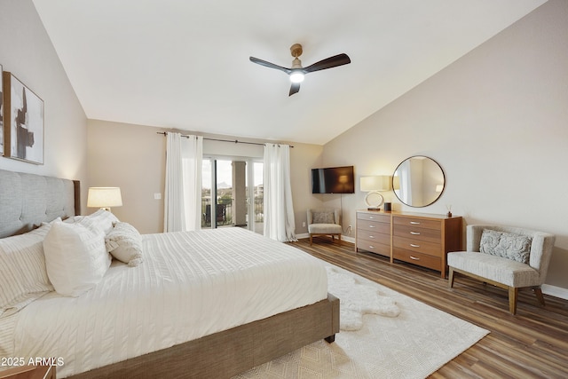 15857 E Ponderosa Dr, Fountain Hills, AZ 85268 - bedroom featuring lofted ceiling, wood finished floors, access to exterior, baseboards, and a ceiling fan