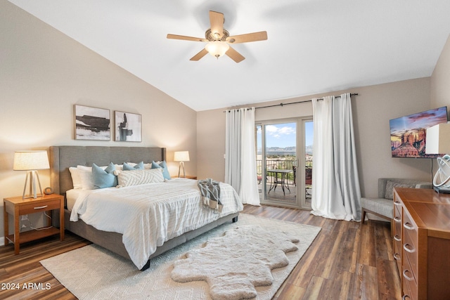 bedroom featuring dark hardwood / wood-style flooring, access to outside, lofted ceiling, and ceiling fan