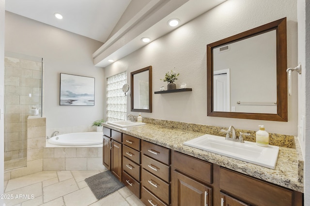 15857 E Ponderosa Dr, Fountain Hills, AZ 85268 - bathroom featuring a garden tub, double vanity, tiled shower, tile patterned flooring, and recessed lighting