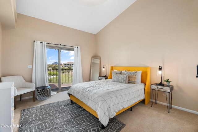 bedroom featuring high vaulted ceiling, access to outside, and carpet