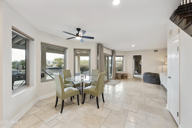 15857 E Ponderosa Dr, Fountain Hills, AZ 85268 - dining area featuring stone tile floors, recessed lighting, a ceiling fan, and baseboards