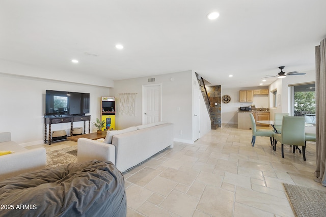 15857 E Ponderosa Dr, Fountain Hills, AZ 85268 - living room with recessed lighting, stone tile flooring, ceiling fan, and baseboards