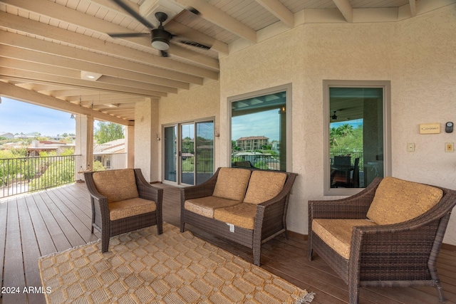 15857 E Ponderosa Dr, Fountain Hills, AZ 85268 - wooden deck featuring ceiling fan and outdoor lounge area