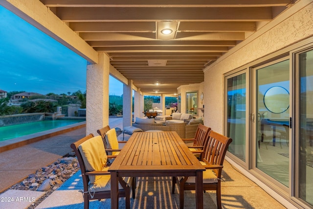 15857 E Ponderosa Dr, Fountain Hills, AZ 85268 - view of patio / terrace featuring an infinity pool, outdoor lounge area, and outdoor dining area