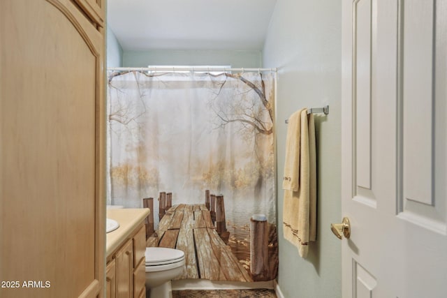 full bathroom with curtained shower, vanity, and toilet